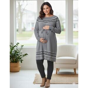 Motherhood Women Plus 2x Maternity Gray Fair Isle Belted Knit Tunic Sweater